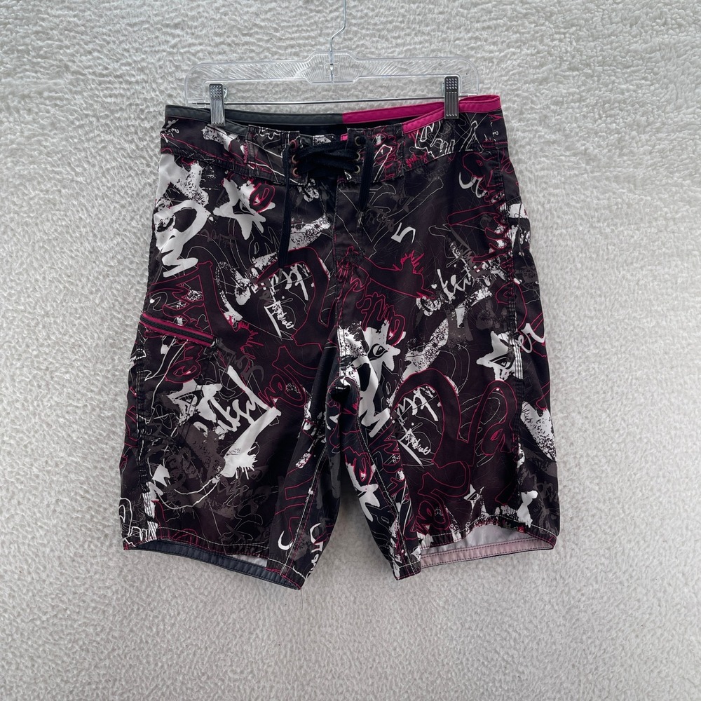 Quiksilver Board Shorts Mens 32 Black Pink White Y2K Graffiti Beach Surfer
